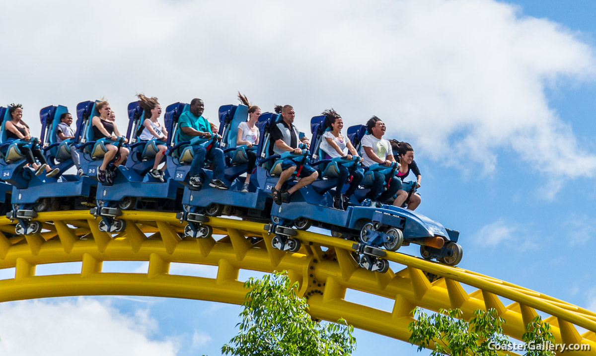 A trainload of riders on the Skyrush roller coaster