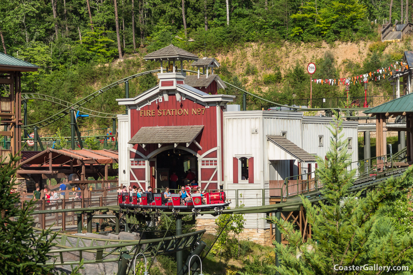 Two ride fire truck trains on the FireChaser Express roller coaster