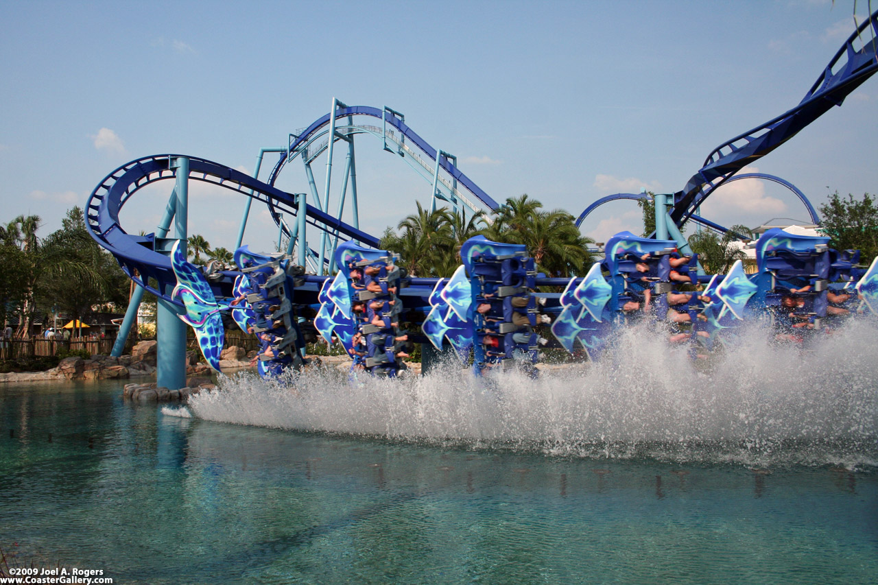 Manta flying coaster swooping over the water