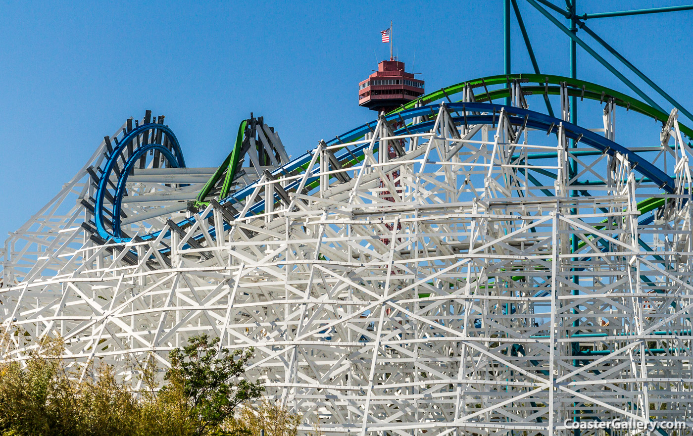 Pictures and information about the Twisted Colossus racing roller coaster
