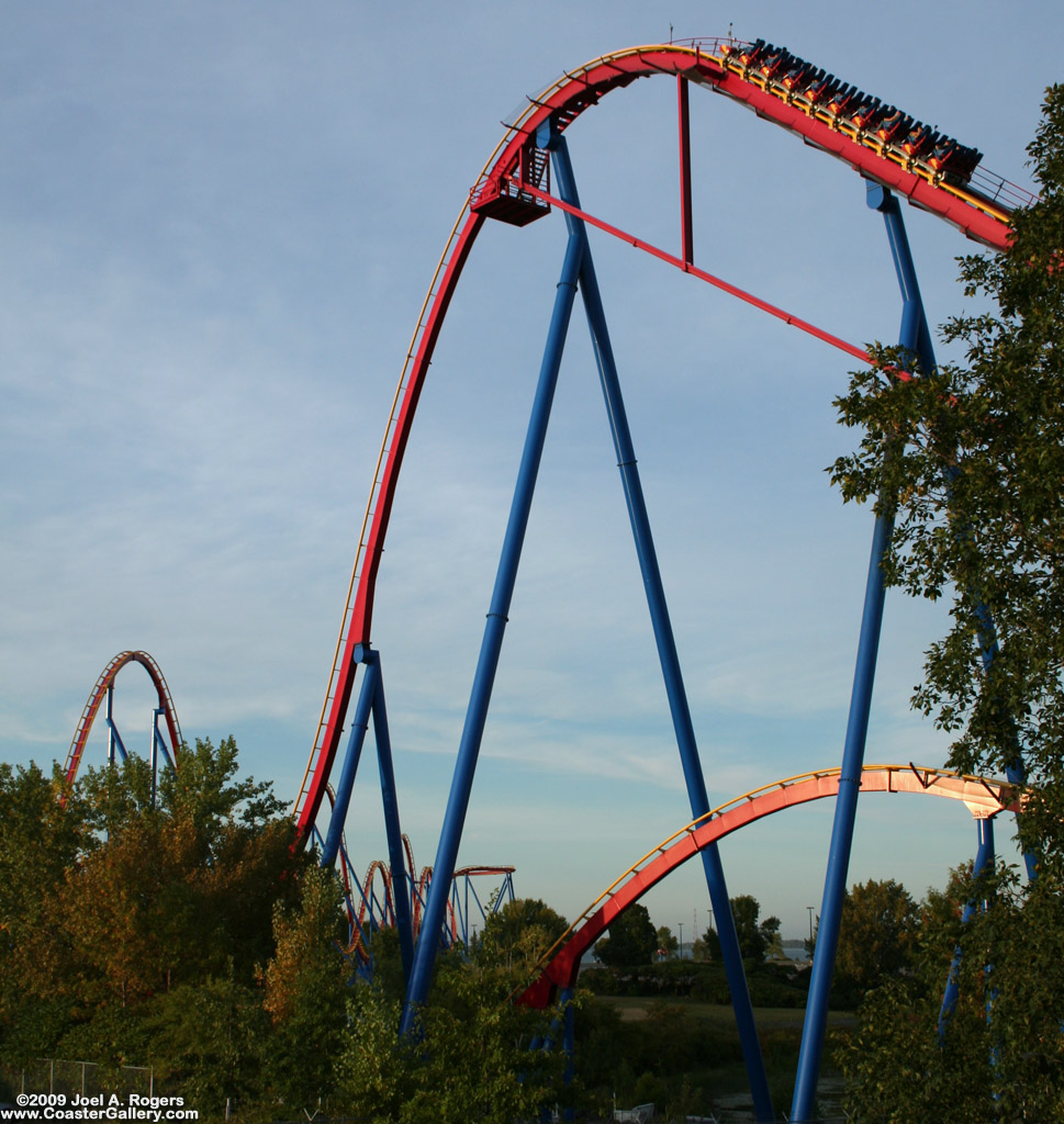 Lift hill and first drop on the Goliath roller coaster in La Ronde - Montreal, Quebec