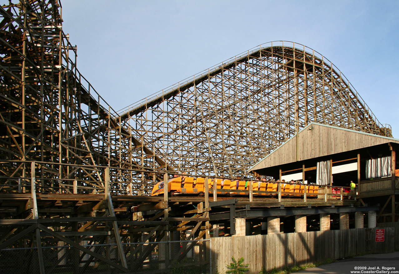 A wooden roller coaster with Morgan trains