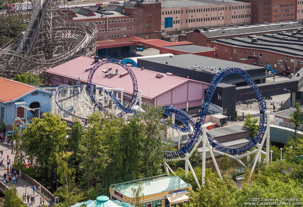 Aerial view of the Kanonen roller coaster at Liseberg amusement park - Flygfoto över Kanonen berg-och dalbana på Liseberg