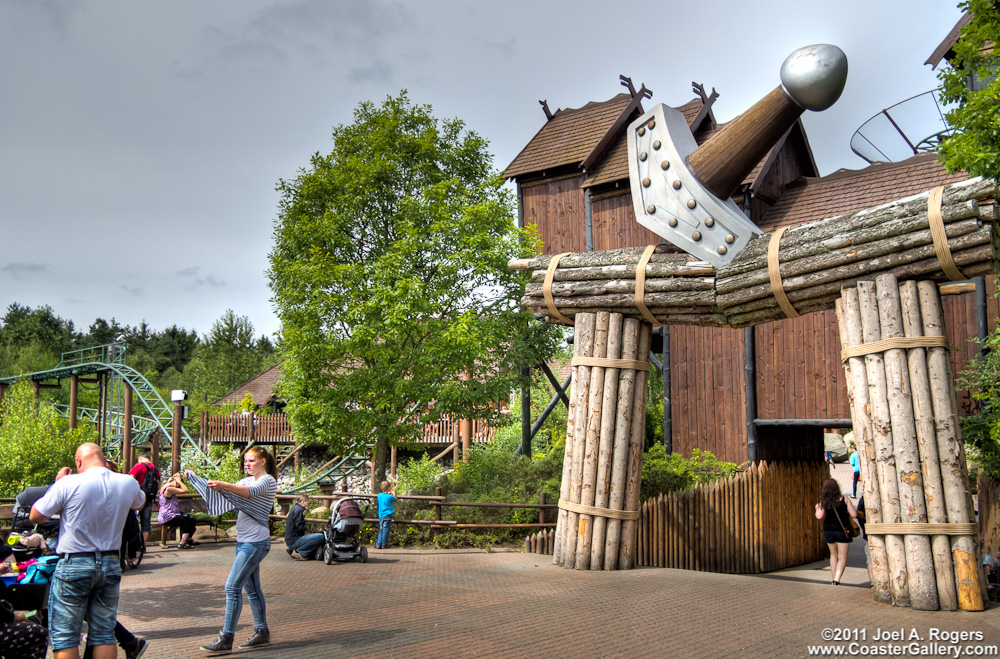 The themed entrance and buildings of the Thor's Hammer roller coaster