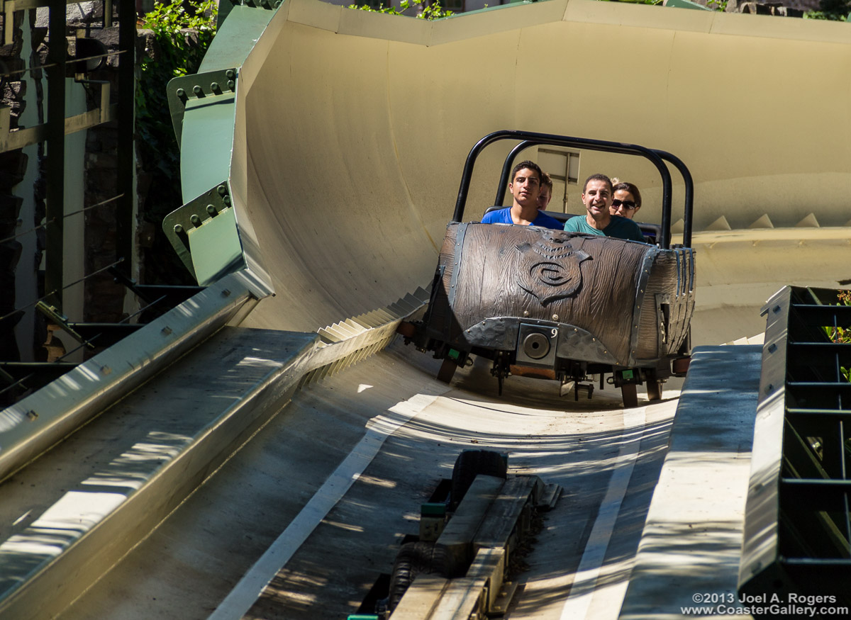 Cars on a Bobsled. Old cars are running on La Vibora at Six Flags Over Texas.