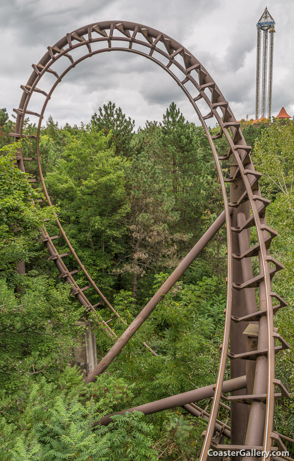 Picture of the third loop on the Dragon Mountain roller coaster at Marineland Canada. The Sky Screamer tower is in the background.