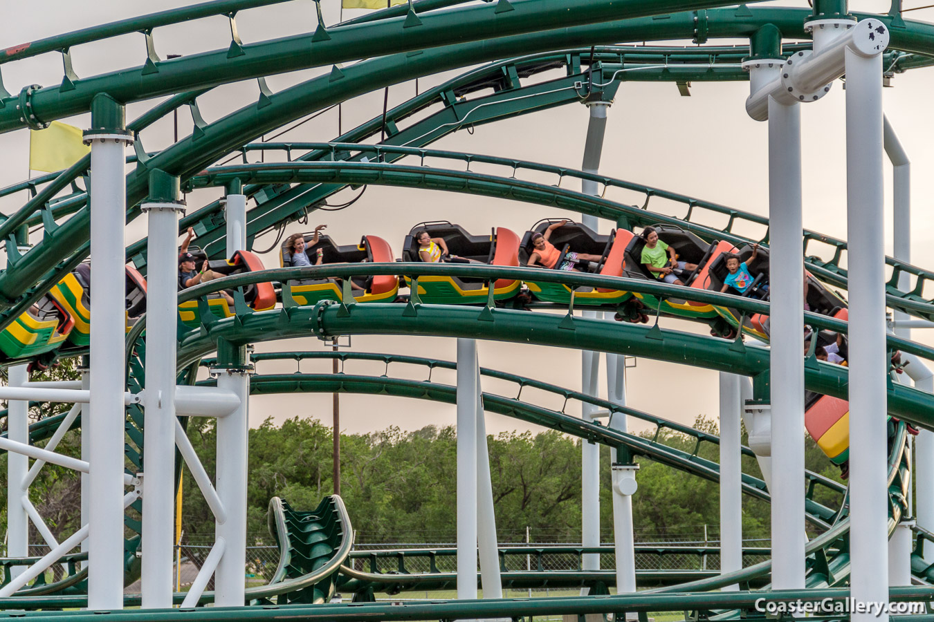 Train on the Hornet roller coaster at the Wonderland amusement park