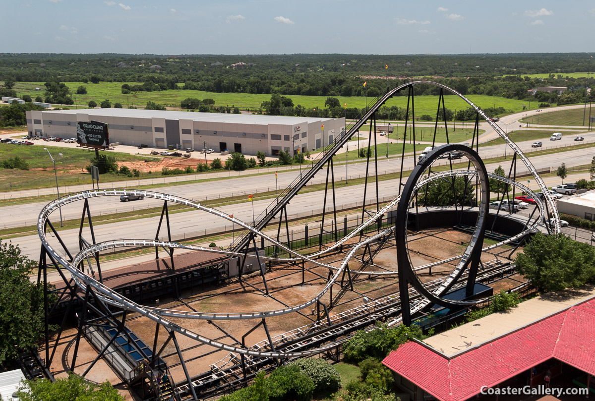 Aerial view of Frontier City and the Silver Bullet looping roller coaster
