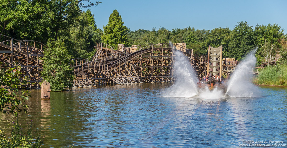 Water coaster splashing down into a lake
