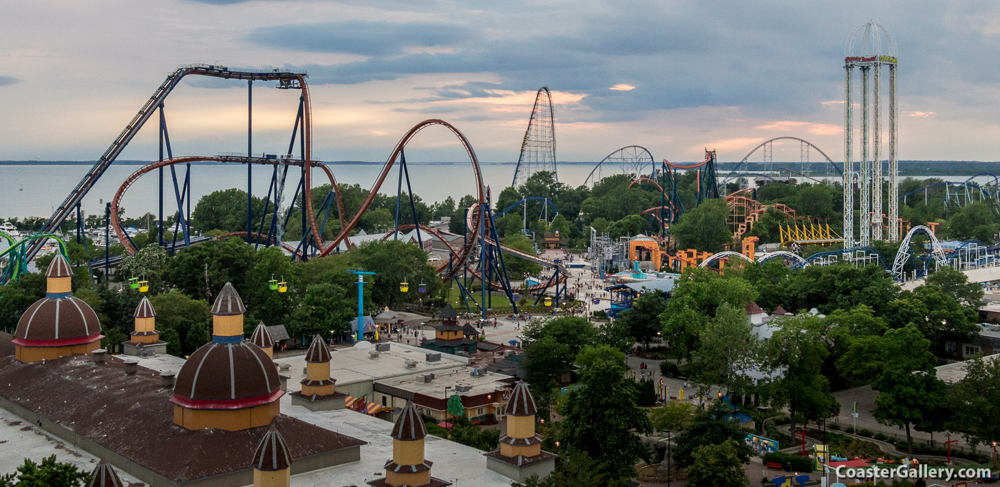A view of the Cedar Point roller coasters and thrill rides