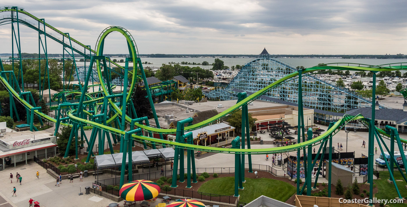 Aerial view of Raptor and Pirate Ride at Cedar Point.