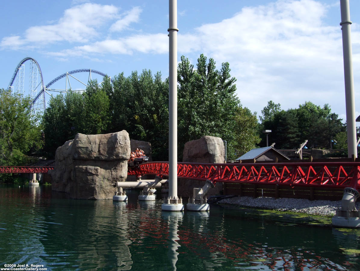 Rocks, water, and and a removed loop on a coaster