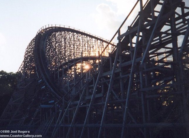 Mean Streak wooden roller coaster at sunrise