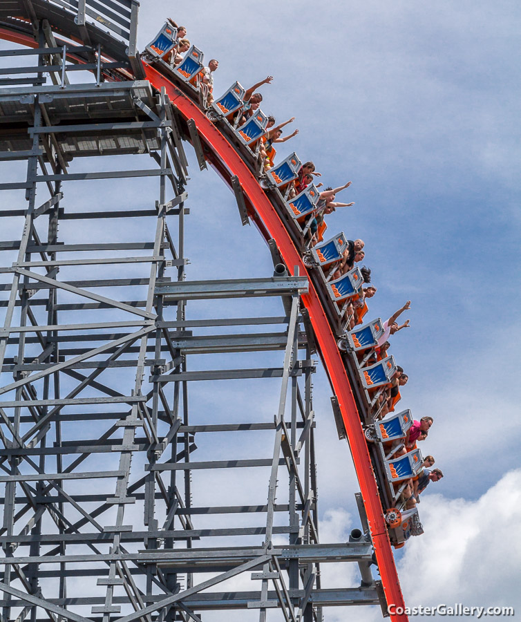 First Drop on the Wicked Cyclone roller coaster at Six Flags New England