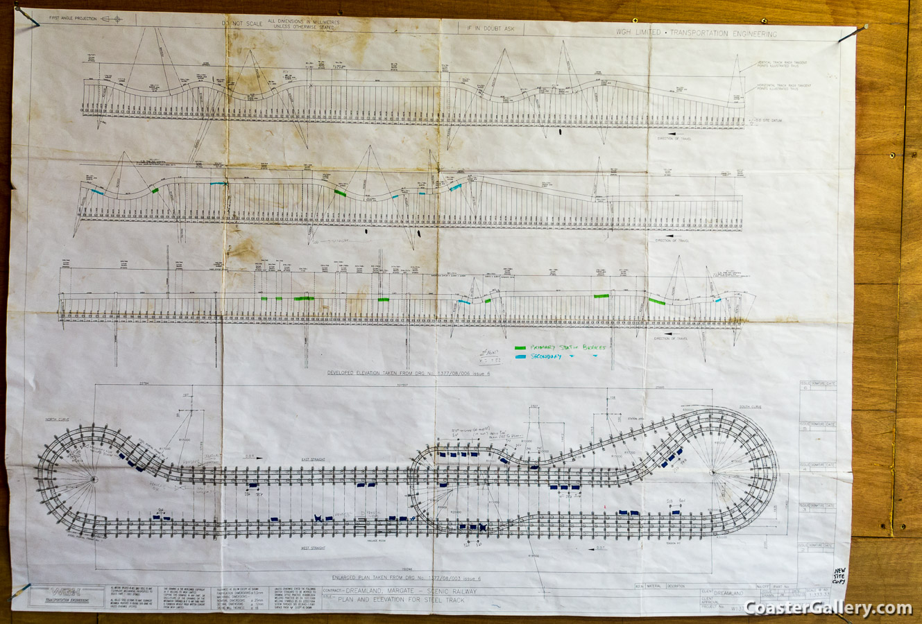 Blueprint designs for building a roller coaster.