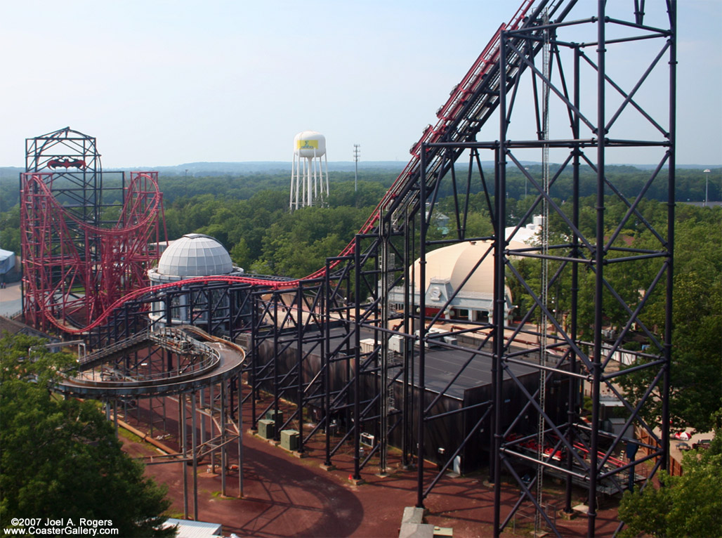 Aerial view of the Chiller roller coaster without zero-g rolls.