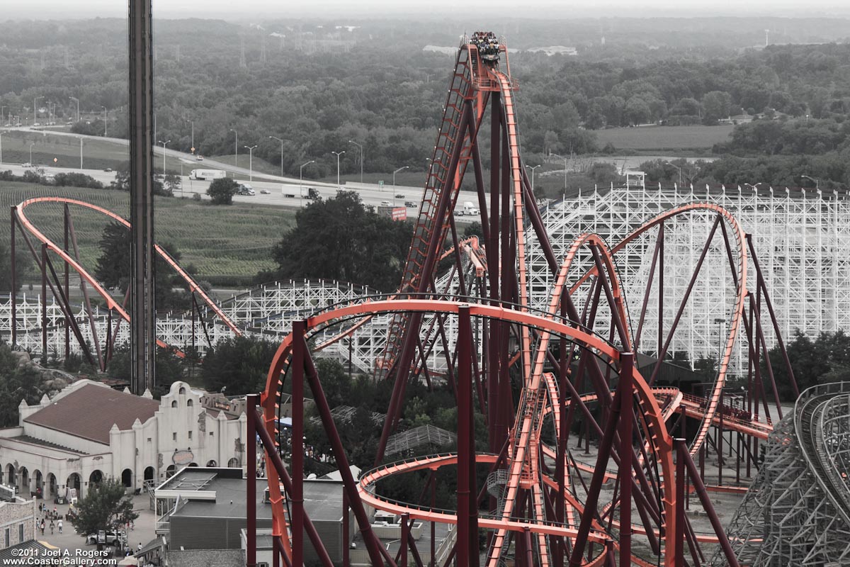 Artistic photograph of the Raging Bull roller coaster