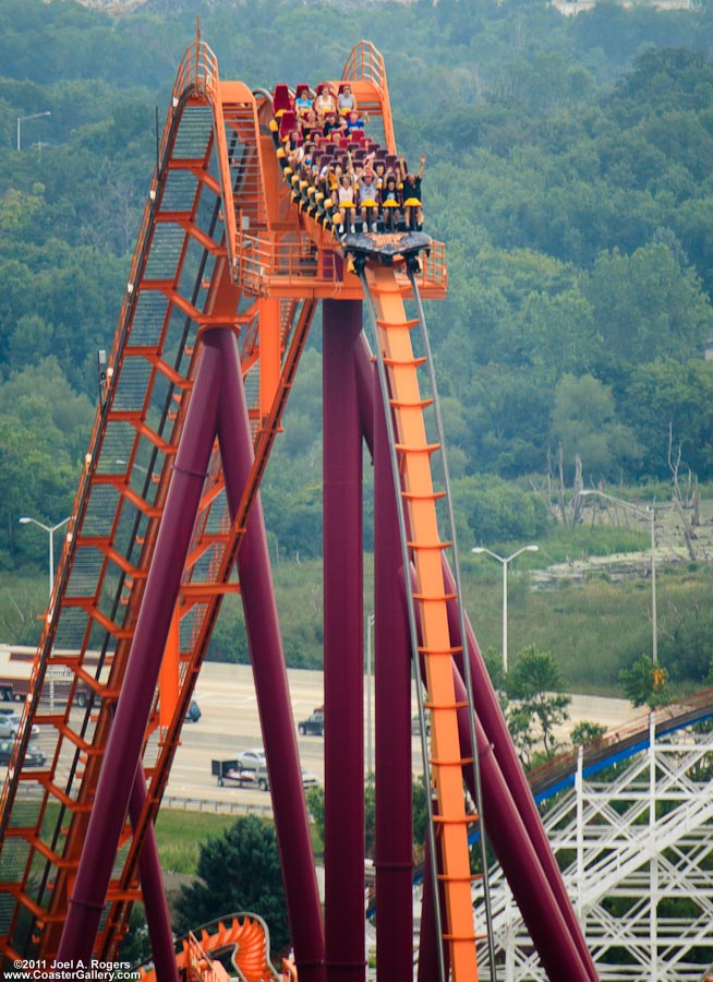 First and second drops on the Raging Bull roller coaster