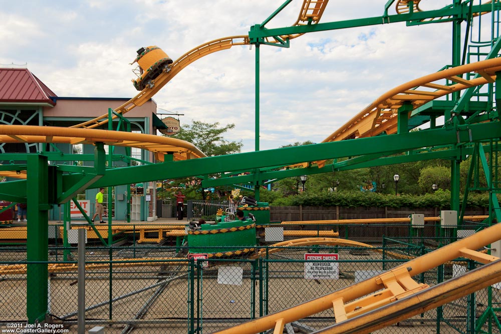 A roller coaster with spinning cars