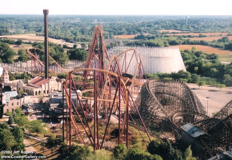 Historic picture of the Raging Bull, Viper, and Eagle roller coasters