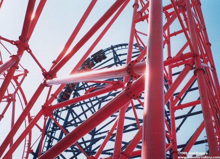 Batman and Robin roller coasters intertwined. Pictures taken from a behind-the-scenes 