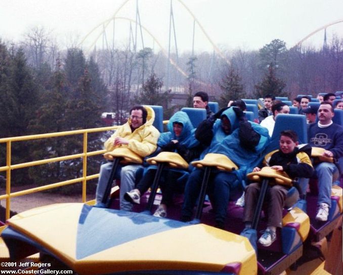 Pictures of Sideless trains on a roller coaster at Six Flags