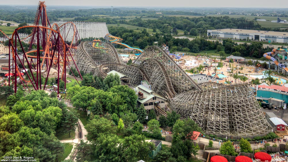 Aerial shot of the Viper roller coaster and Hurricane Harbor