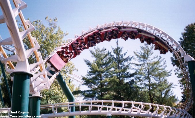 Corkscrew inversion on a roller coaster at Knoebels