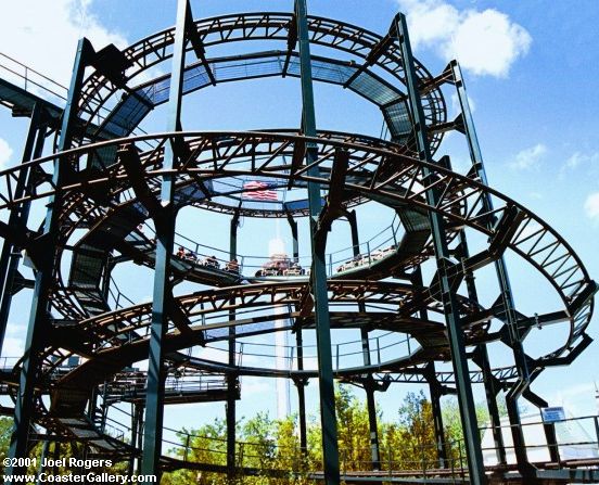Custom spiral-lift roller coaster at Great America