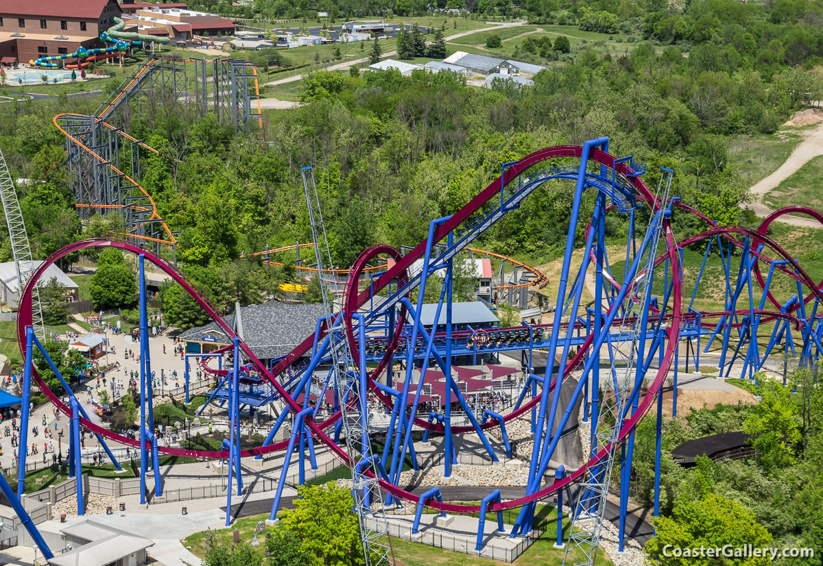 Aerial view of Banshee and The Bat at Kings Island amusement park in Ohio. Also visible is the Great Wolf Lodge.