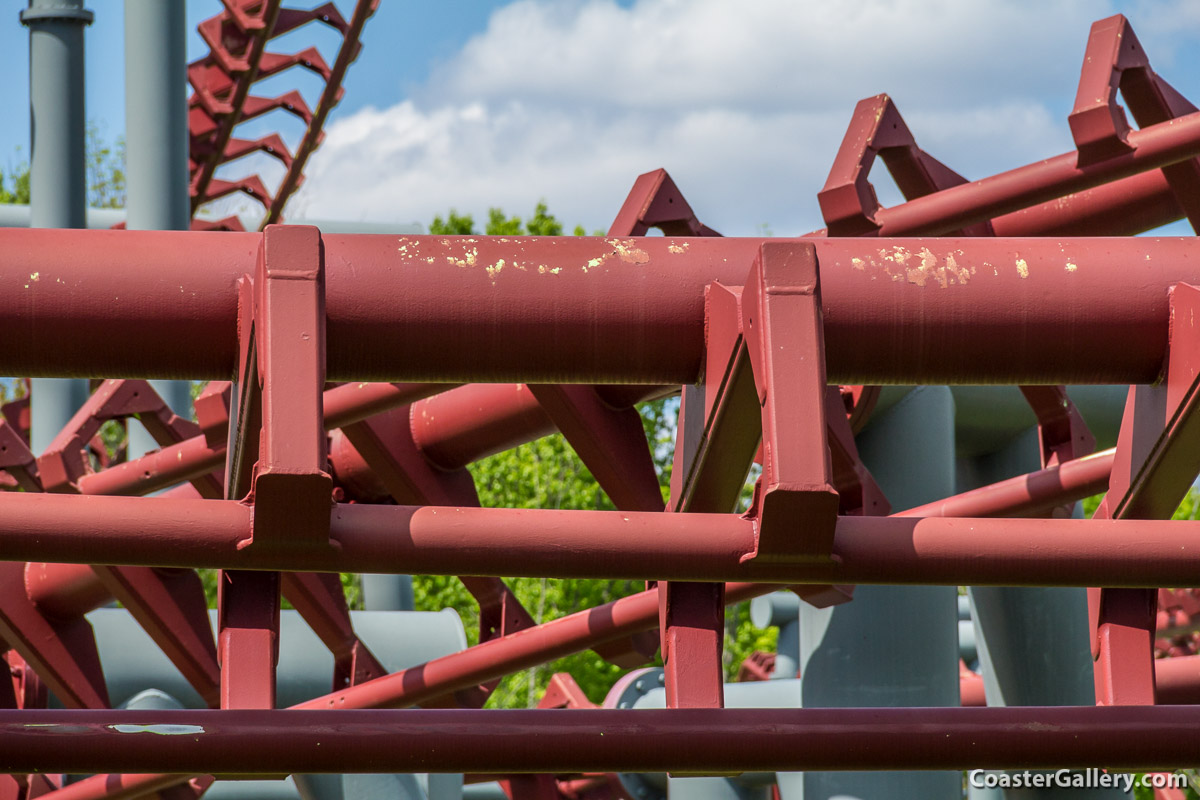 Old green paint on roller coaster track from Geauga Lake amusement park