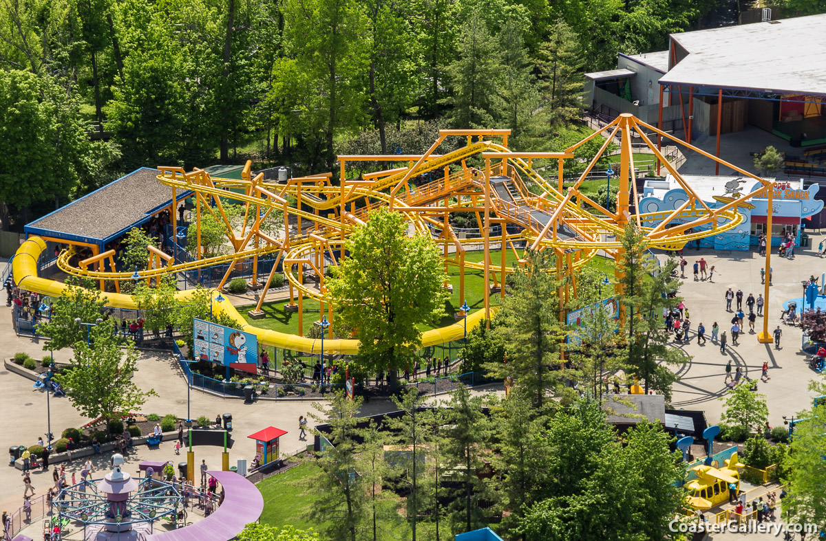 Aerial view the Flying ACE Aerial Chase roller coaster at Kings Island