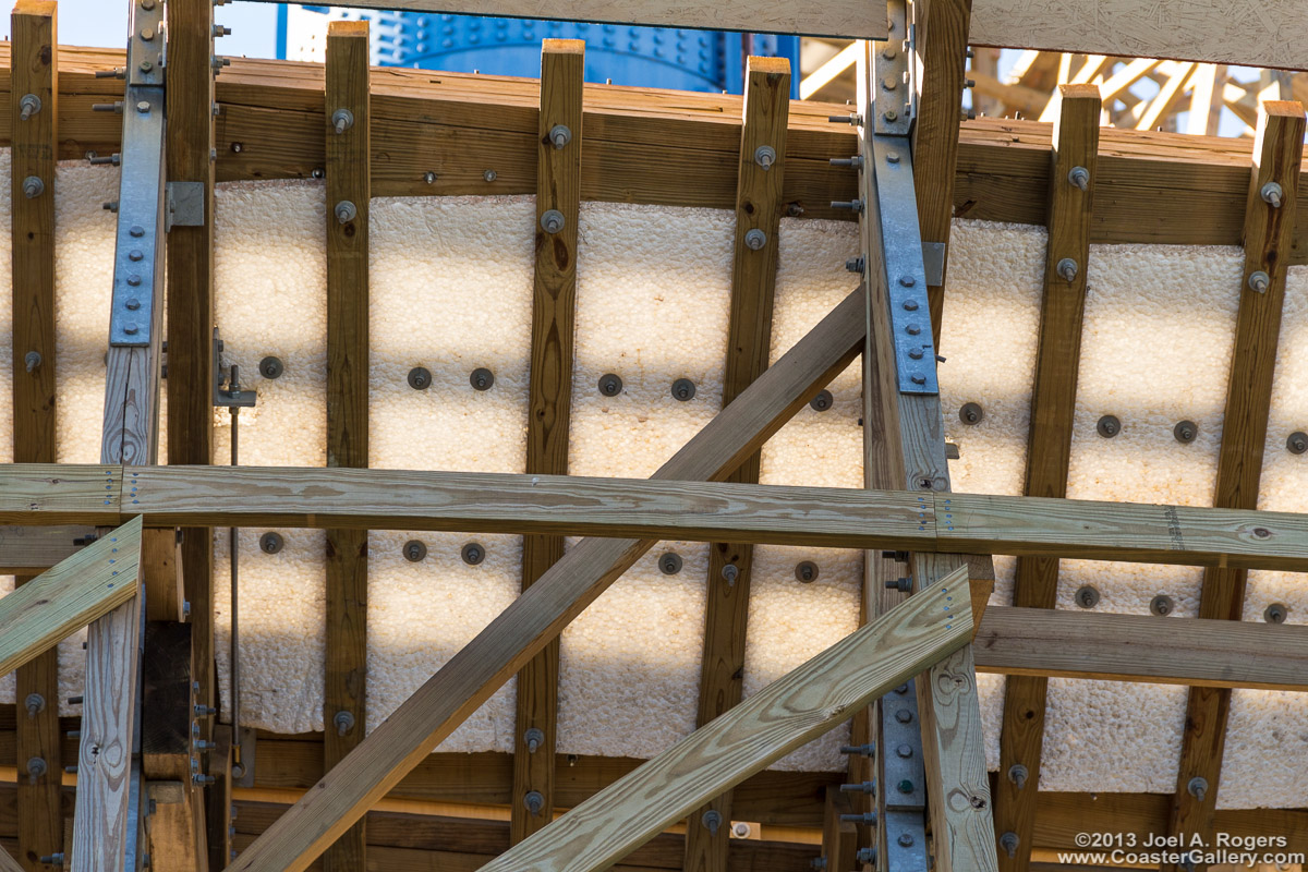 Soundproofing on the Gold Striker wooden roller coaster at California's Great America