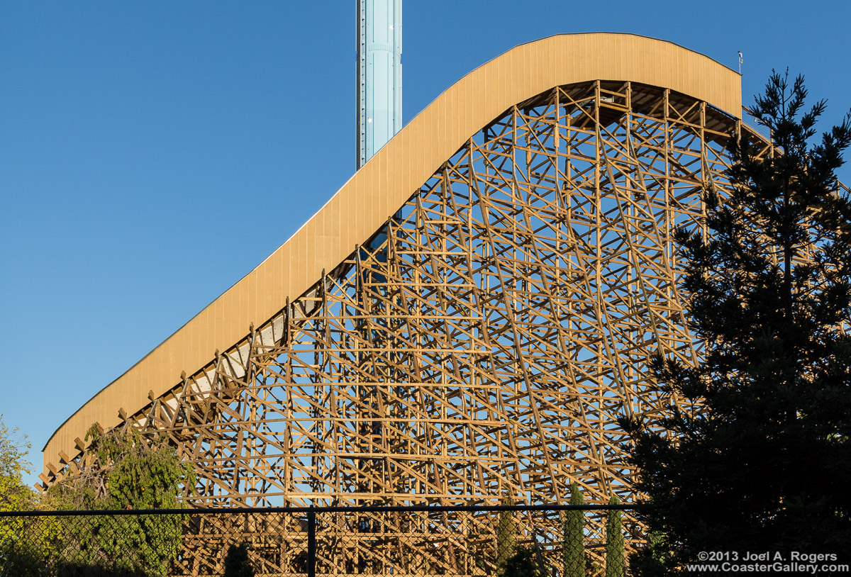 First covered drop Gold Striker wooden roller coaster at California's Great America