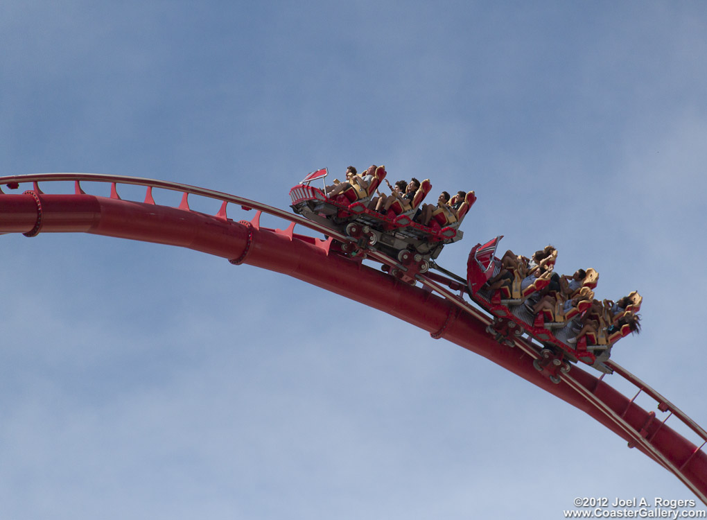 Close up of the Hollywood Rip Ride Rockit roller coaster in Orlando, Florida