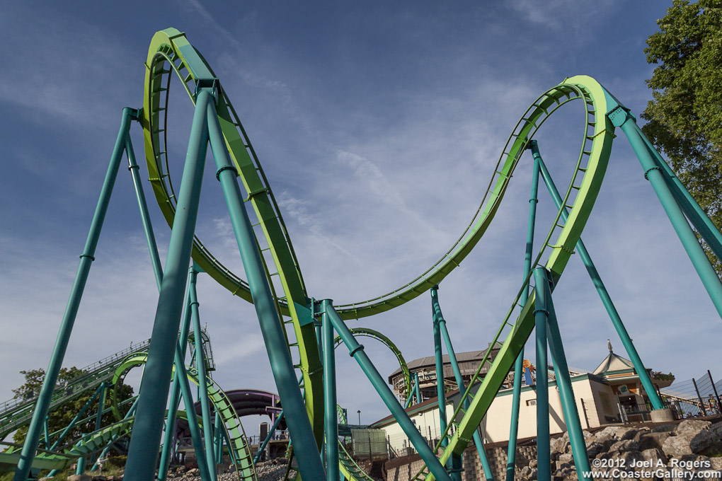 Cobra Roll on the Hydra floorless roller coaster built by Bolliger and Mabillard