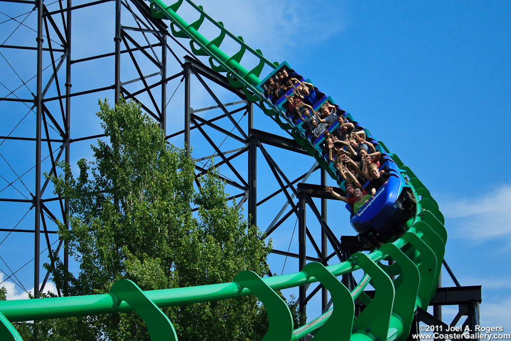 Twisting first drop on the coaster called Phantom's Revenge