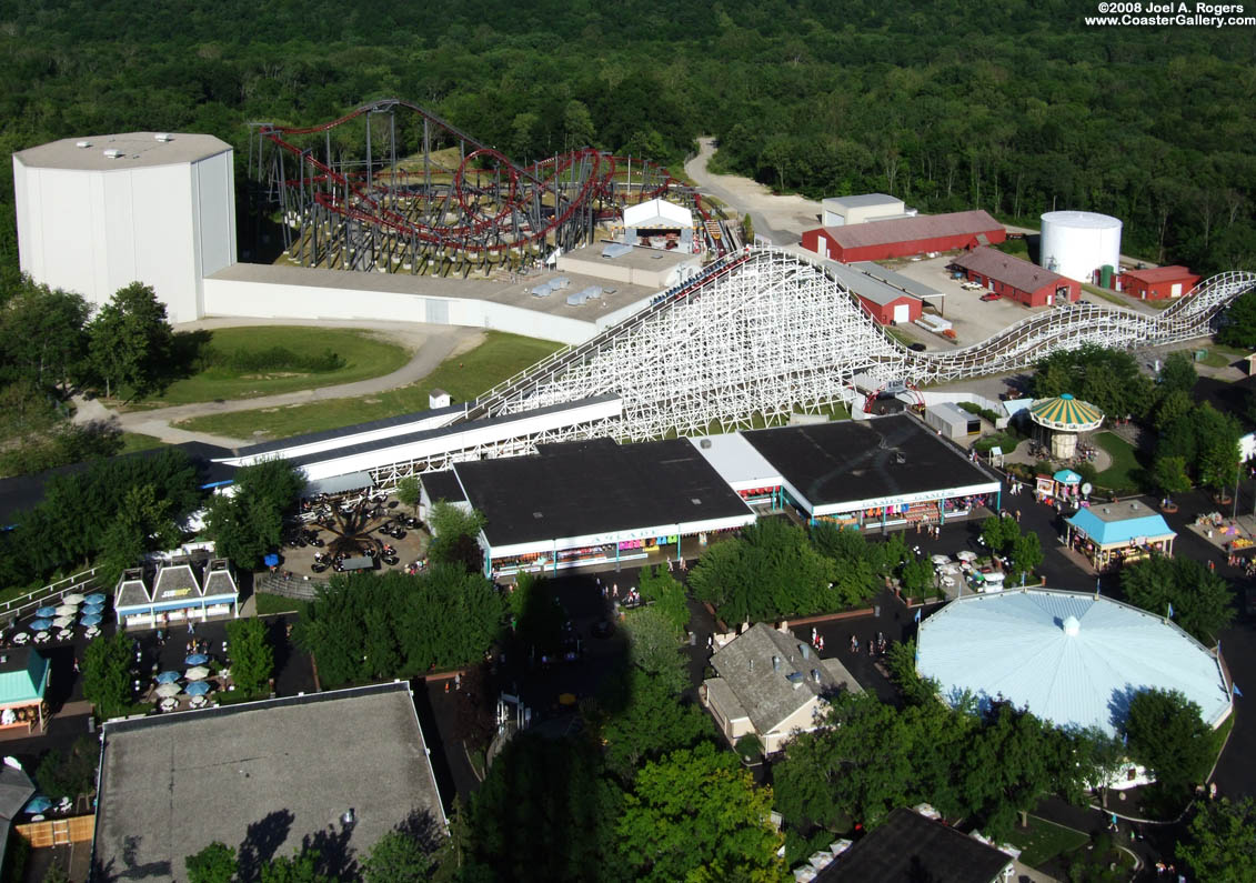 Flight of Fear, Racer, and Firehawk roller coasters at Kings Island.