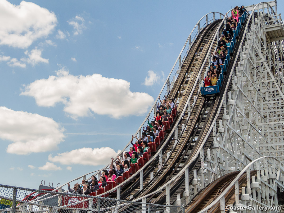 Pictures of the first drop on the Racer roller coaster at Kings Island.