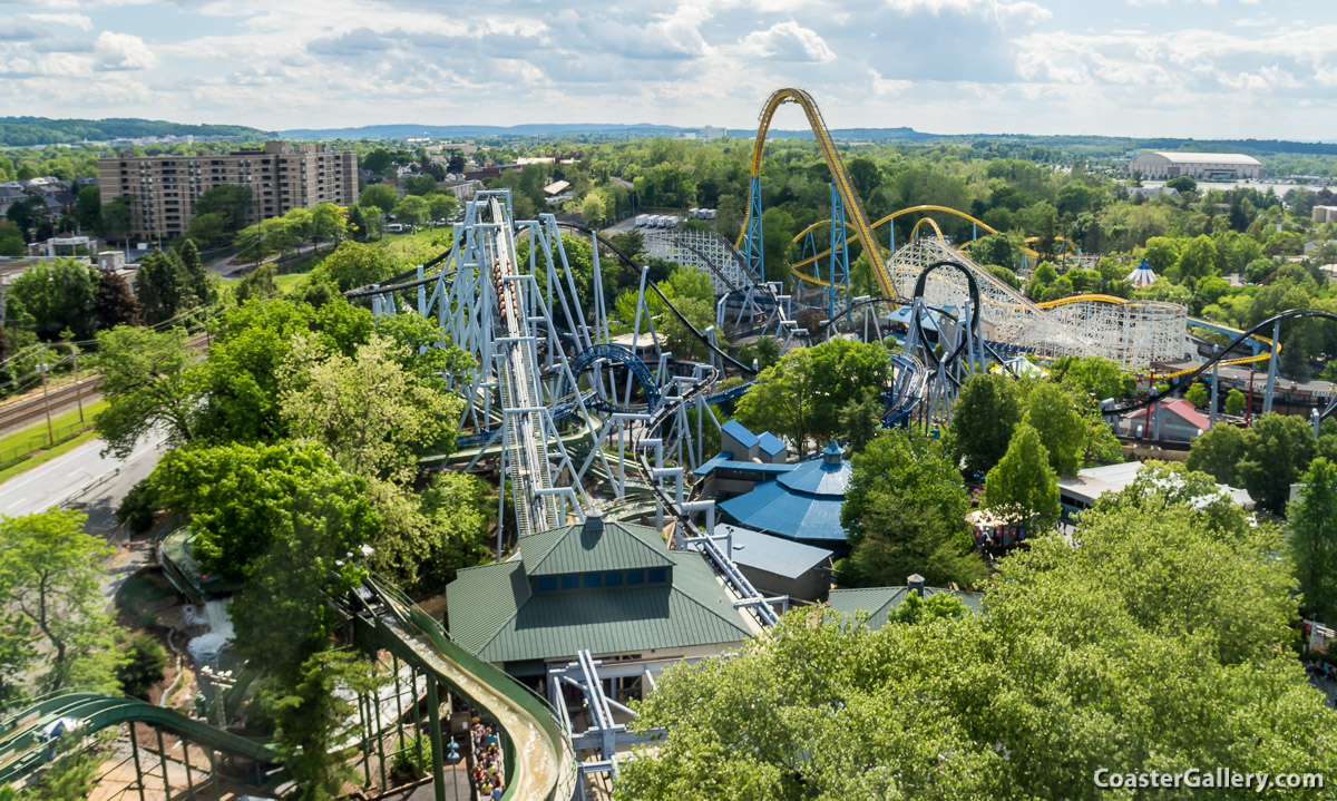 The coasters of Hersheypark: This aerial view shows Sooperdooperlooper, Great Bear, Comet, and Skyrush.