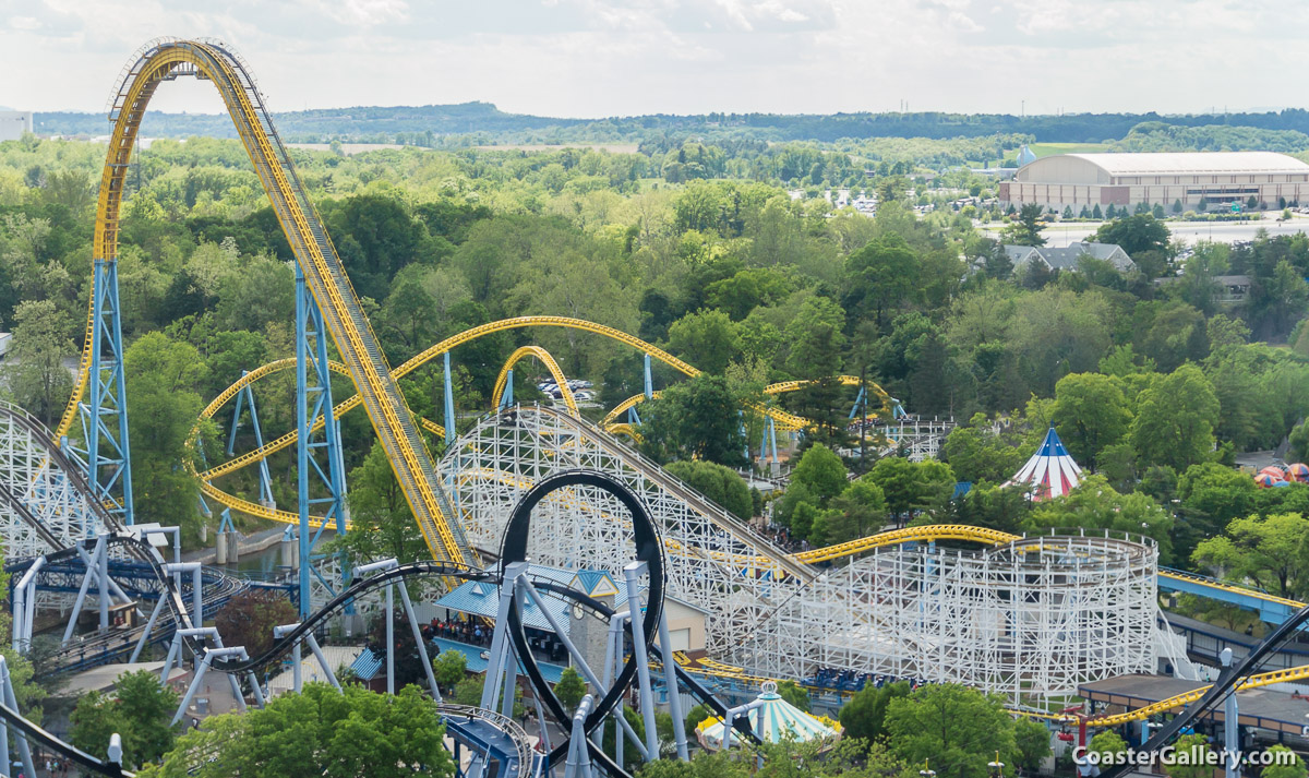 Aerial view of Skyrush and Comet at Hersheypark