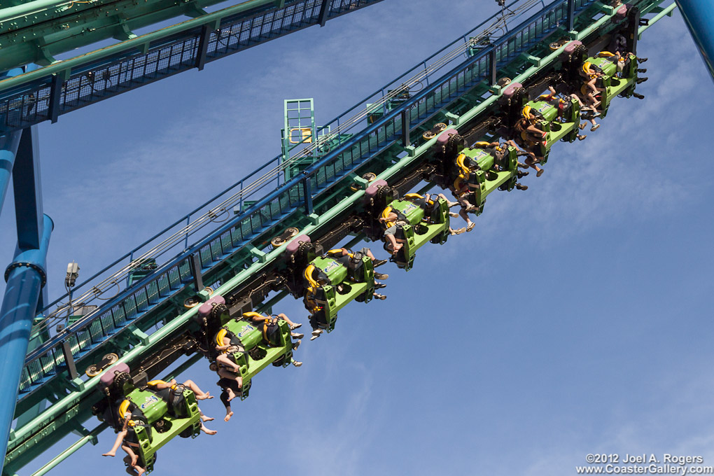 Roller coaster train lifting in the air