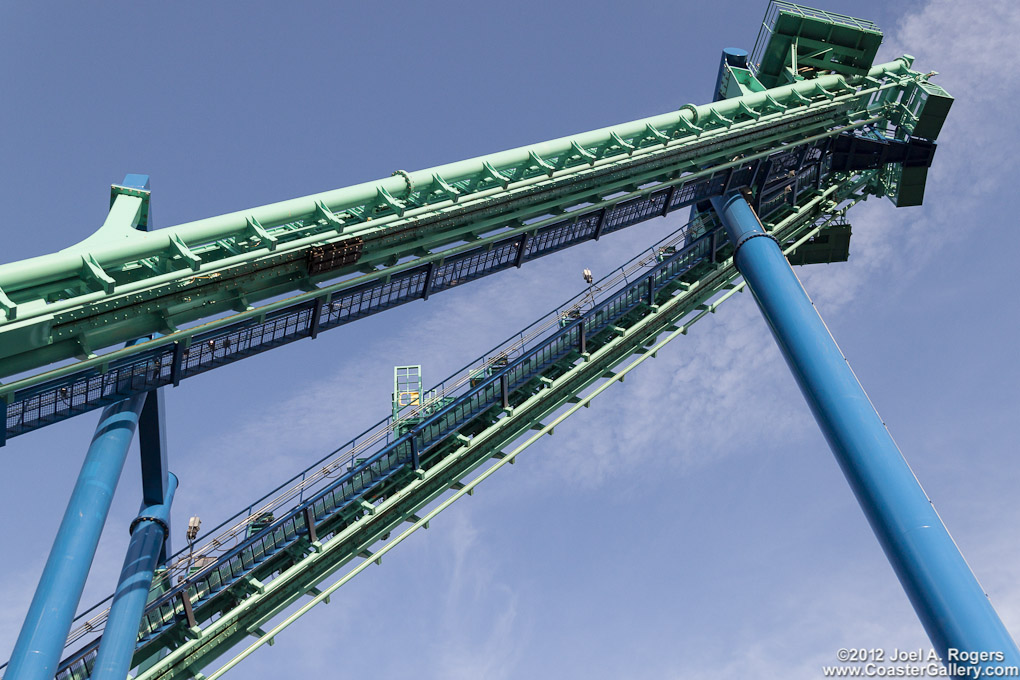 Twin lifts on the Stinger roller coaster