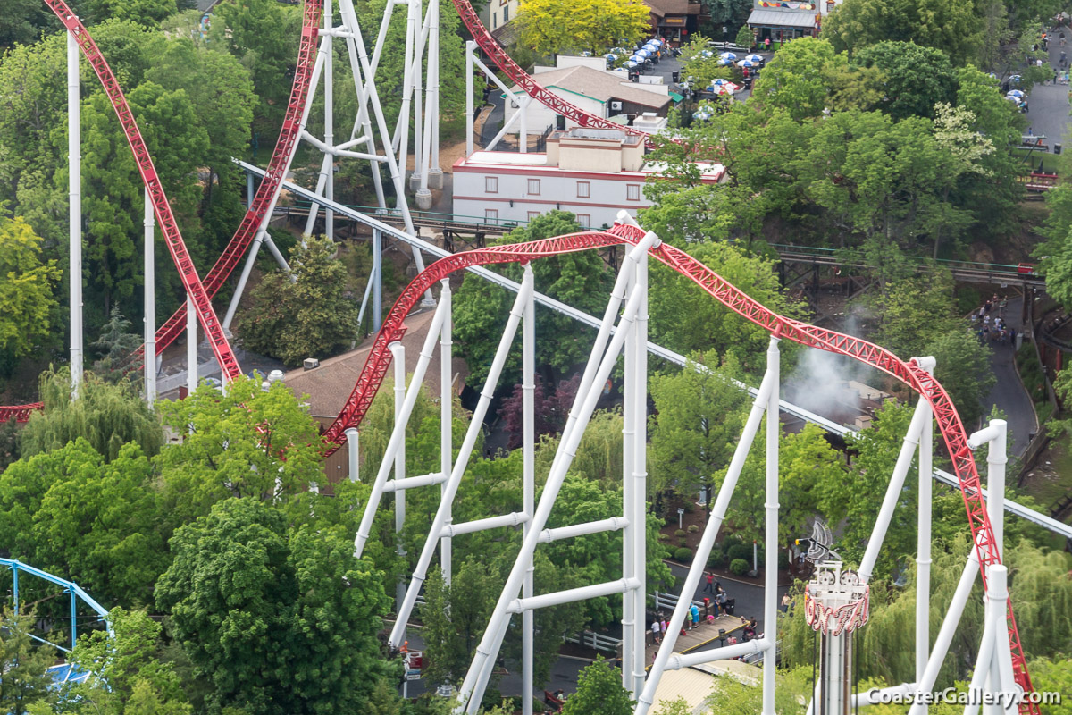 Aerial view of Storm Runner, Dry Gulch Railroad, Monorail, and Trailblazer