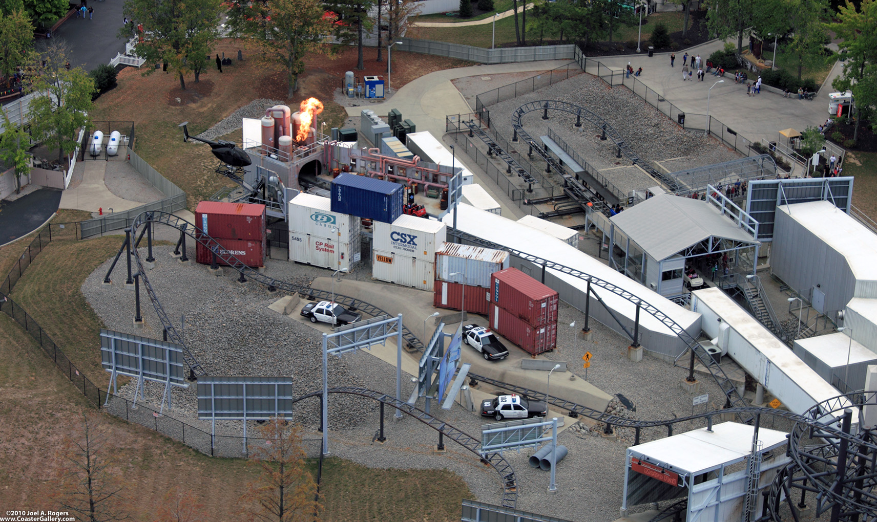 Aerial view of a themed roller coaster