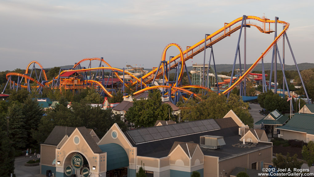 Aerial view of a looping roller coaster in PA