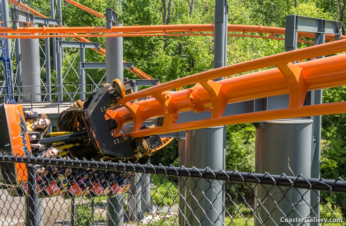 The Bat suspended roller coaster going through a tight turn