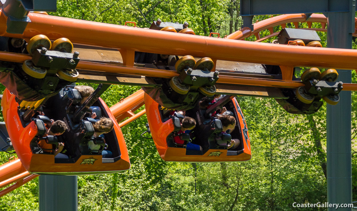 Over-the-shoulder restraint harness The Bat roller coaster at Kings Island