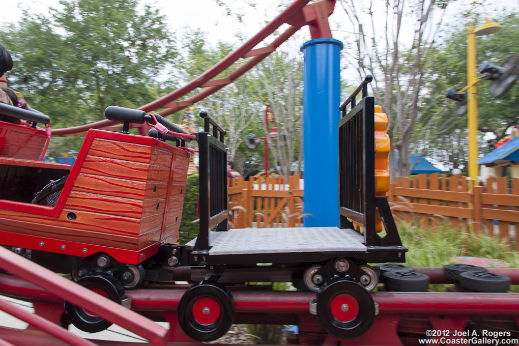 A strange contraption on the back of a roller coaster.