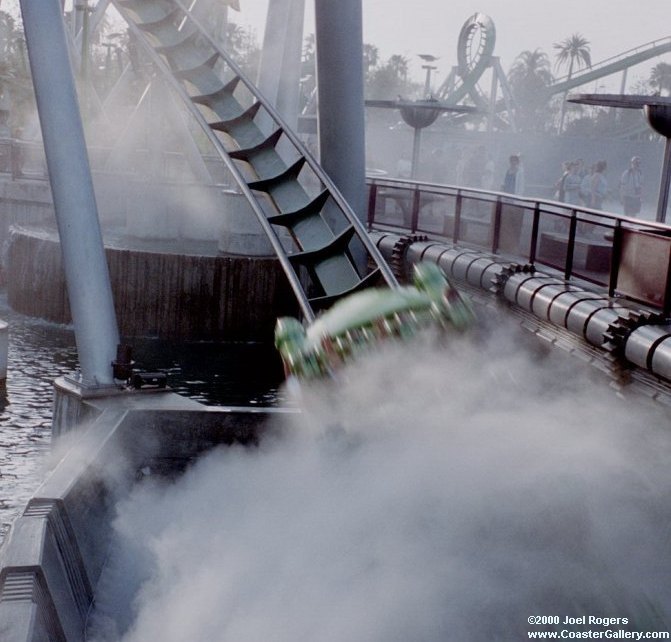 Roller coaster emerging from the fog